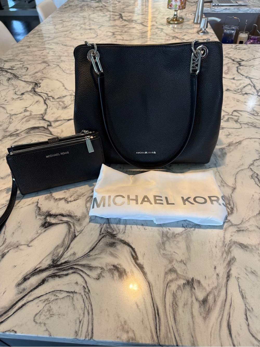 Michael Kors Kensington Black Leather Shoulder Tote with Matching Wristlet